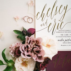 Chelsey Wedding Invitation Suite with Foil Shown in Wine Burgundy, Ivory, Blush Gold Foil Customizable image 5