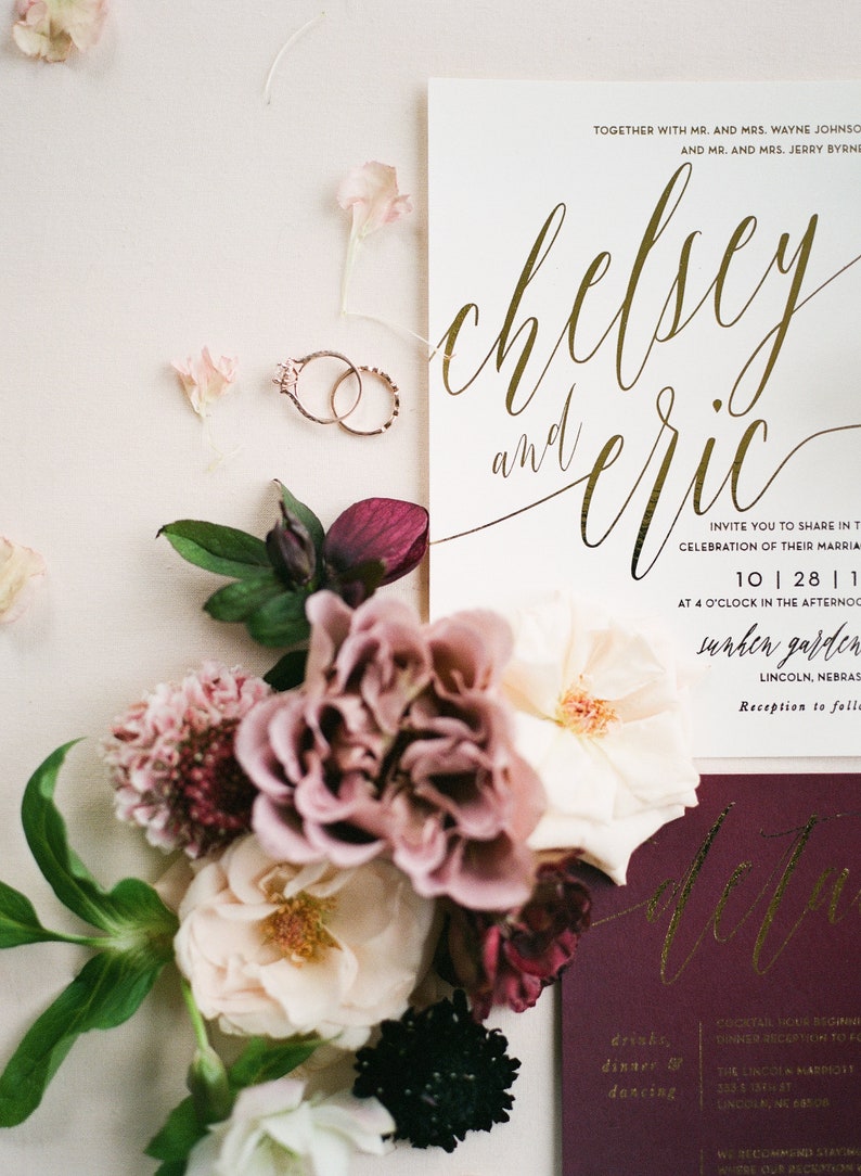 Chelsey Wedding Invitation Suite with Foil Shown in Wine Burgundy, Ivory, Blush Gold Foil Customizable image 5