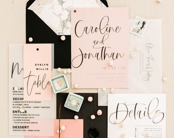Caroline Wedding Invitation Suite with Vellum Overlay // Blush, Black + White // Customizable