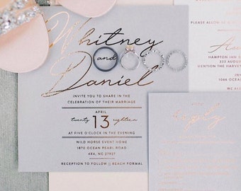 Patrick Wedding Invitation Suite with Foil + Translucent Vellum Belly Band | Shown in Grey, White, Blush + Rose Gold Foil | Customizable