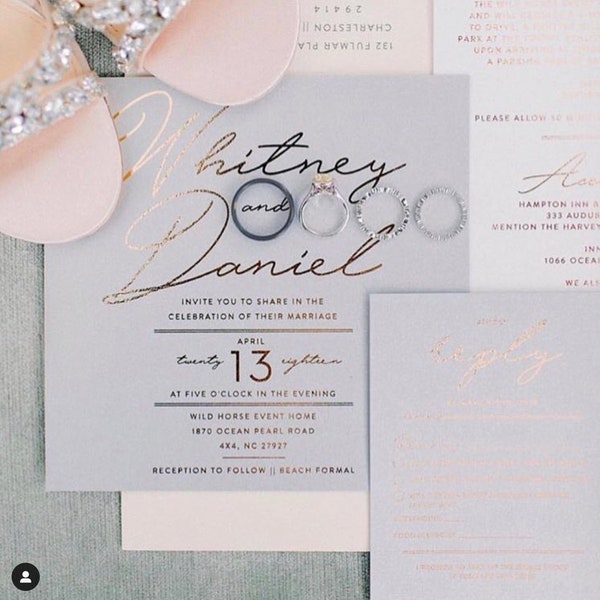 Patrick Wedding Invitation Suite with Foil + Translucent Vellum Belly Band | Shown in Grey, White, Blush + Rose Gold Foil | Customizable