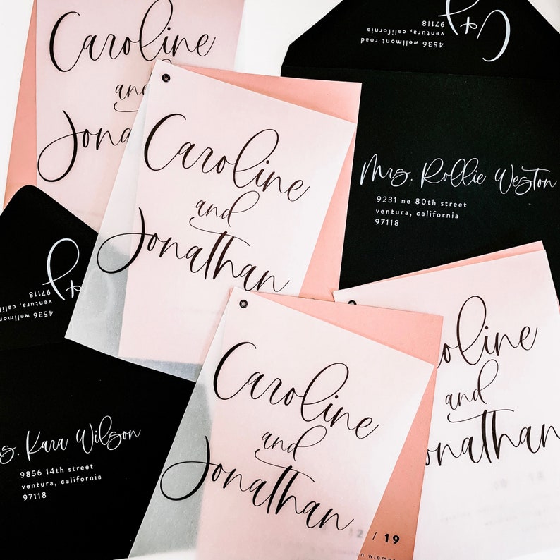 Caroline Save the Date with Translucent Vellum Card with Cardstock Backer and Eyelet // Illustré en noir Mauve image 2