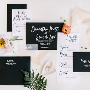 Molly Wedding Invitation Suite with Vellum Insert + Band -  Black and White (customizable)