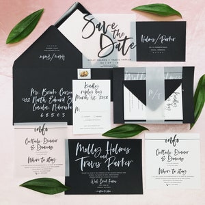 Molly Wedding Invitation Suite with Vellum Insert + Band -  Black and White (customizable)