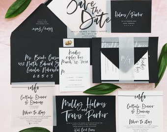 Molly Wedding Invitation Suite with Vellum Insert + Band -  Black and White (customizable)