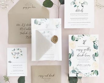 Casey Wedding Invitation Suite with Translucent Vellum Wrap +  Watercolor Greenery Floral Wreath (Customizable)