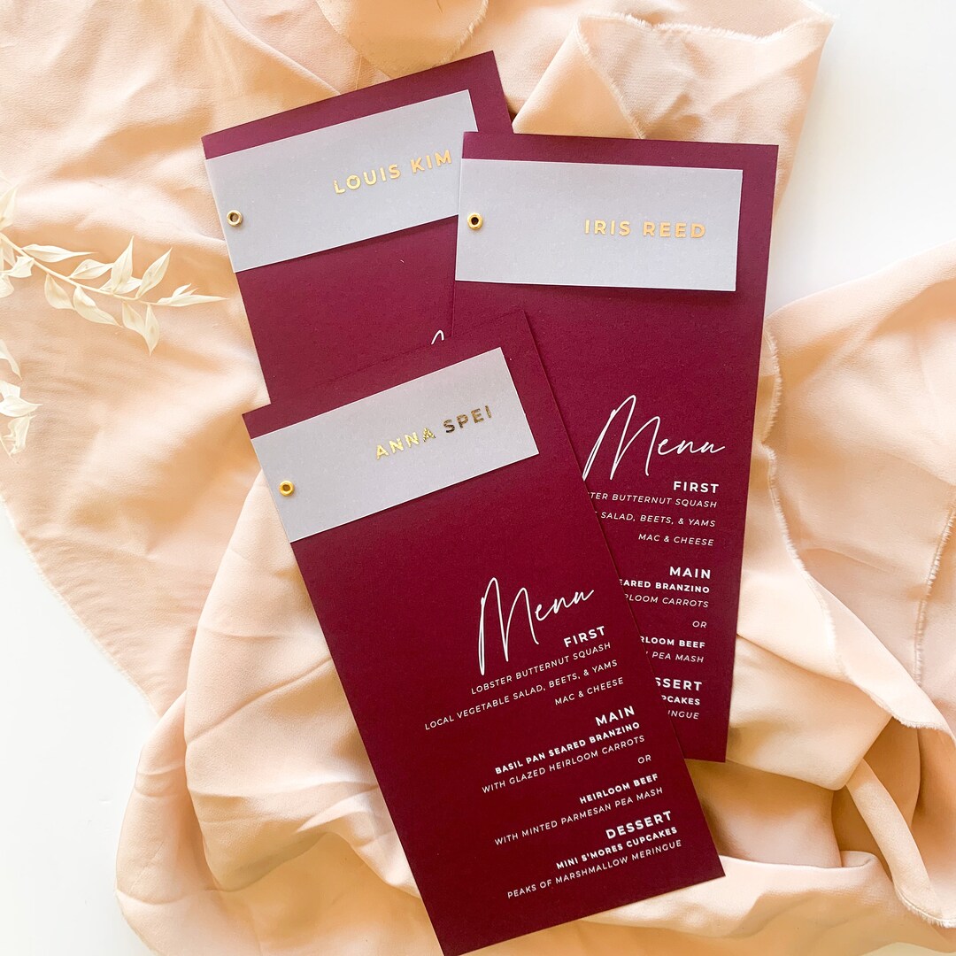 Iris Menu // Calligraphy Vellum // Wine Vellum // Etsy