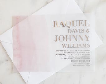 Davis Invitation Suite | Translucent Vellum with Rose Gold Foil + Blush Pink Watercolor Splash {customizable}