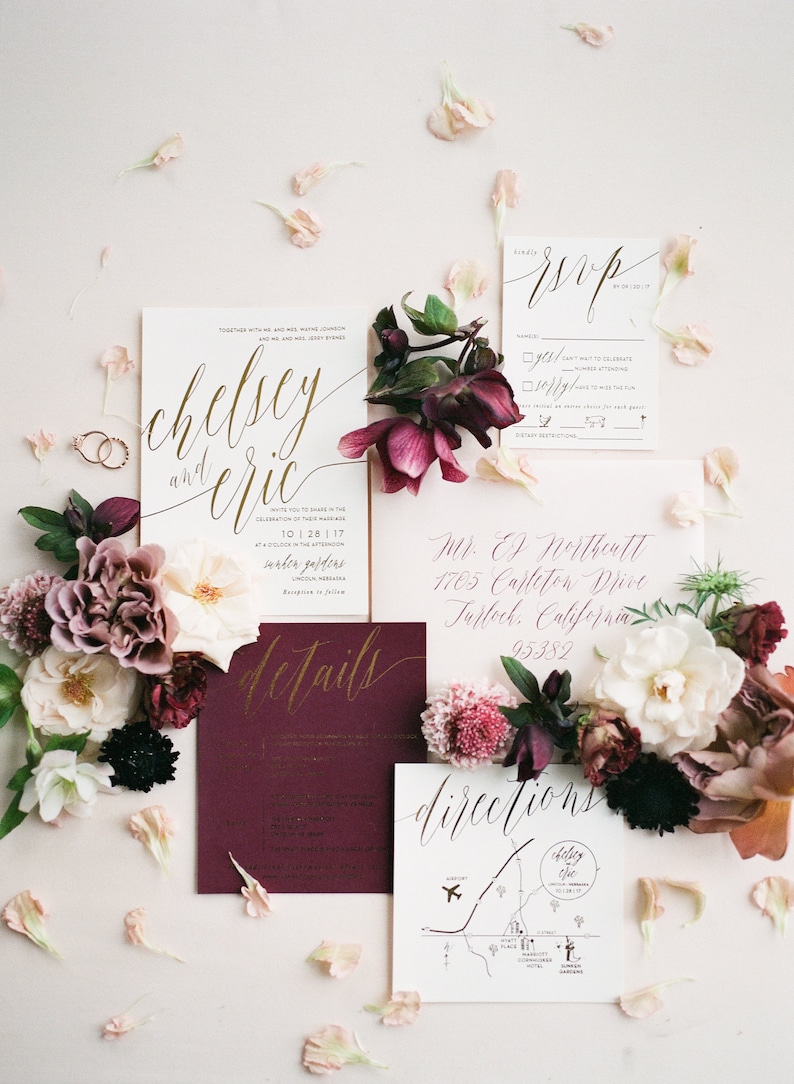 Chelsey Wedding Invitation Suite with Foil Shown in Wine Burgundy, Ivory, Blush Gold Foil Customizable image 1