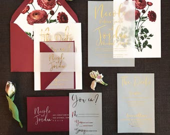 Nicole Vintage Botanical Wedding Invitation Suite // Translucent Vellum with Gold Foil // Burgundy Wine Floral {customizable}