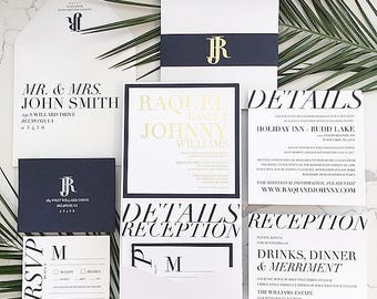 Evelyn Wedding Invitation Dramatic Large Pocketfold with Belly Band • Foil Invitation Card and Band • Shown in Navy, White and Gold