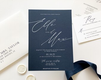 Elle Wedding Invitation Suite // Calligraphy + Vellum //  Navy + Vellum // Customizable