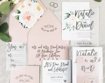 Natalie Wedding Invitation Suite with Watercolor Florals // Vellum // Light Mauve, Blush Pink and Creams (personalizable)