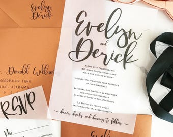 Derick Wedding Invitation Suite // Calligraphy + Vellum //  Black + Copper // Customizable