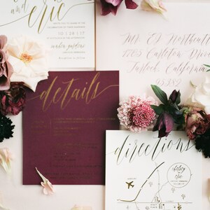 Chelsey Wedding Invitation Suite with Foil Shown in Wine Burgundy, Ivory, Blush Gold Foil Customizable image 3