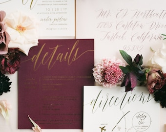 Chelsey Wedding Invitation Suite with Foil | Shown in Wine Burgundy, Ivory, Blush + Gold Foil | Customizable