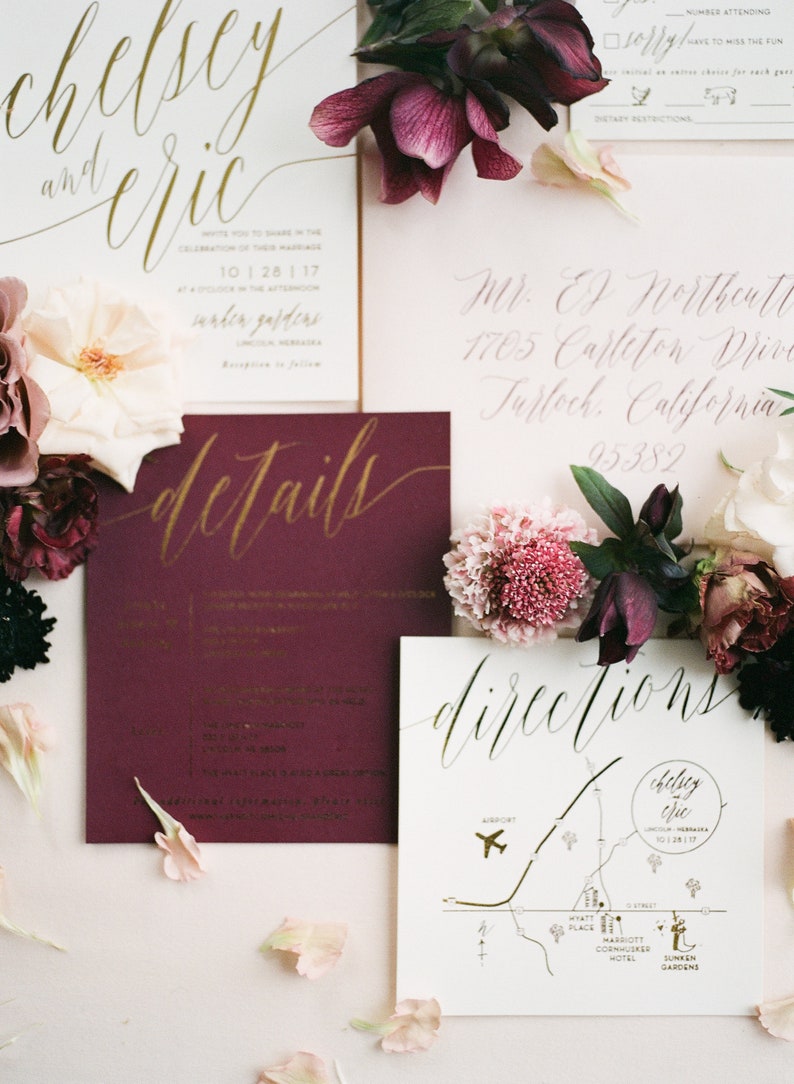 Chelsey Wedding Invitation Suite with Foil Shown in Wine Burgundy, Ivory, Blush Gold Foil Customizable image 3