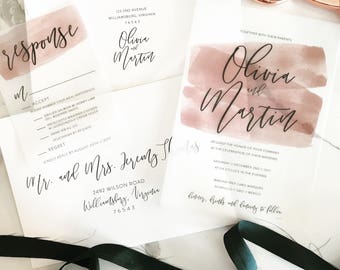 Olivia Wedding Invitation Suite // Watercolor Stroke + Vellum // Mauve // Customizable