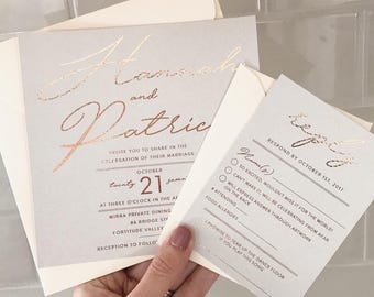 Patrick Wedding Invitation Suite with Foil + Translucent Vellum Belly Band | Shown in Grey, White, Blush + Rose Gold Foil | Customizable