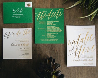 Chelsey Wedding Invitation Suite with Foil | Shown in Green, White + Gold Foil | Customizable