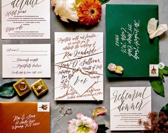 Kayla Watercolor Palm Elegant Wedding Invitation Suite w/ 100% Silk Tie and Vellum Inner Envelope - Black and Ivory {customizable}