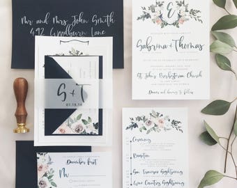 Sabrina Watercolor Floral Wedding Invitation Suite // Navy and Blush // Customizable // Translucent Vellum Belly Band with Crest Monogram