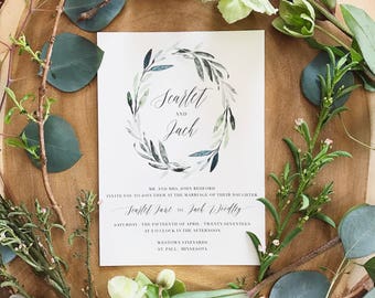 Scarlet Watercolor Greenery Wreath Wedding Invitation Suite with 100% Silk Taupe Ribbon Belly Band