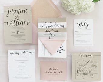Jasmine Wedding Invitation Suite with Calligraphy Font + Vellum Band with Monogram | Dusty Rose, Light Kraft, White | Customizable