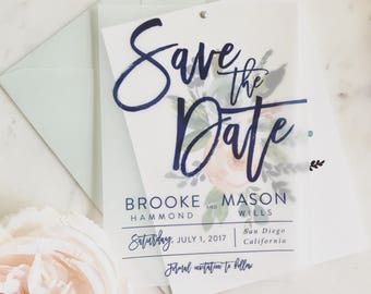 Brooke Save the Date with Translucent Vellum Card with Watercolor Floral Cardstock Backer and Brad