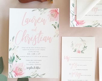 Christian Watercolor Floral Wreath Wedding Invitation Suite with Belly Band // Blush Pink + Greenery // Customizable