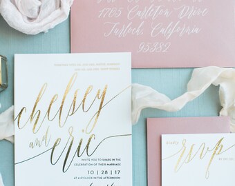 Chelsey Wedding Invitation Suite with Foil | Shown in Ivory, Light Mauve / Blush + Gold Foil | Customizable