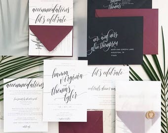 Hanna Wedding Invitation Suite with Translucent Vellum Wrap - Burgundy Wine, Black + White (colors/text customizable)