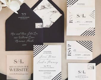 Serena Wedding Invitation Suite with Vellum Insert + Band -  Black and White (customizable)