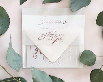 Patrick Wedding Invitation Suite with Foil + Translucent Vellum Belly Band | Shown in Grey, White, Blush + Rose Gold Foil | Customizable