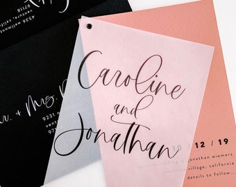 Caroline Save the Date with Translucent Vellum Card with Cardstock Backer and Eyelet // Shown in Black + Mauve