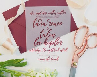 Victoria Vellum Wedding Invitation Suite -  Burgundy ink printed on vellum