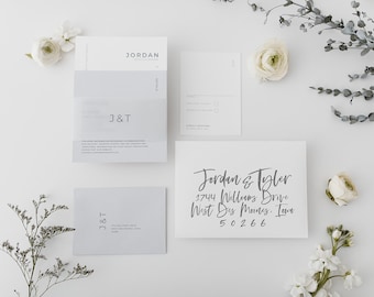 Jordan Wedding Invitation Suite // Calligraphy + Vellum //  Neutral, Grey + White  // Customizable