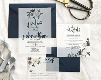 Julia Wedding Invitation Suite // Watercolor Florals on Vellum //  Navy, Mauve, Pinks, Greens // Customizable