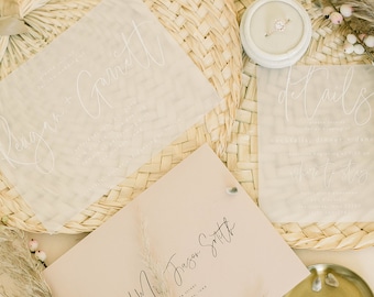 Reagan Boho Inspired Wedding Invitation Suite // White Ink + Vellum // Nude /Tan // Customizable