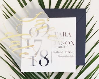 Tara Save the Date with Translucent Vellum Overlay with FOIL + Cardstock Backer + Brad