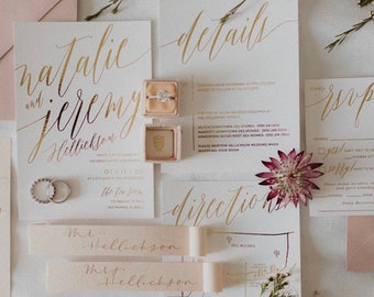 Chelsey Wedding Invitation Suite with Foil | Shown in Ivory, Light Mauve / Blush + Gold Foil | Customizable