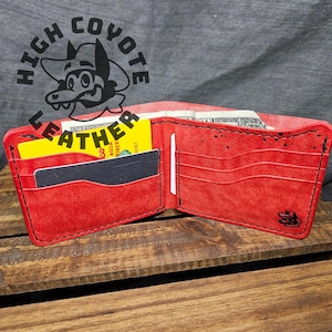 Cartera plegable de lujo de cuero cosida a mano en color rojo con salpicaduras negras de Pueblo