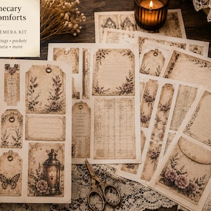 May include: Printable ephemera kit with vintage-style designs. Includes junk journal pages, tags, and pockets. The designs feature floral accents, butterflies, and architectural elements. The text reads "The Apothecary of Small Comforts".