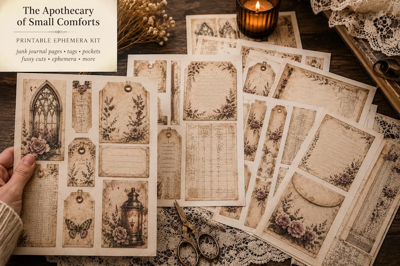May include: Printable ephemera kit with vintage-style designs. Includes junk journal pages, tags, and pockets. The designs feature floral accents, butterflies, and architectural elements. The text reads "The Apothecary of Small Comforts".