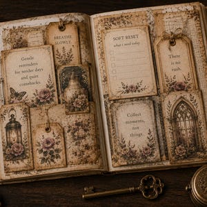 May include: Open book with vintage-style pages and decorative tags. The tags feature floral designs and inspirational quotes like "Breathe Slowly" and "Collect moments, not things." A candle, magnifying glass, and key are also visible.