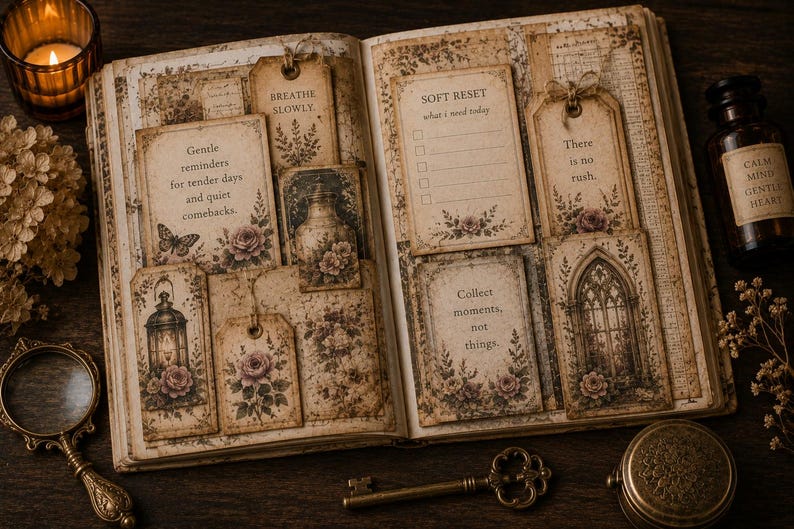 May include: Open book with vintage-style pages and decorative tags. The tags feature floral designs and inspirational quotes like "Breathe Slowly" and "Collect moments, not things." A candle, magnifying glass, and key are also visible.