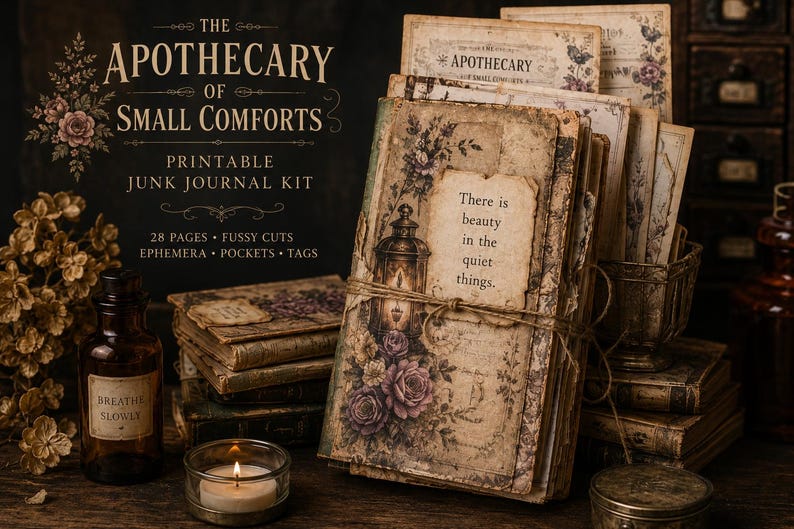 May include: A vintage-style junk journal kit with the text "The Apothecary of Small Comforts." The image shows a stack of aged paper journals tied with twine, adorned with floral illustrations and the quote, "There is beauty in the quiet things."