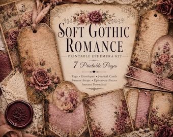 May include: A collection of vintage-style printable ephemera with a 'Soft Gothic Romance' theme. The kit includes tags, envelopes, journal cards, and banner strips. The design features floral accents and aged paper textures, with the text "SOFT GOTHIC ROMANCE".