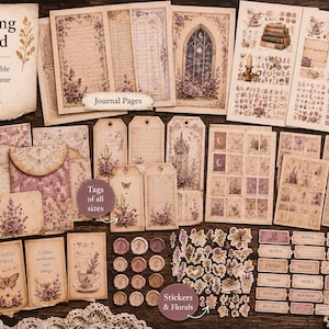 May include: A complete printable ephemera kit for junk journals and creative projects. The kit includes journal pages, tags, pockets, envelopes, comfort cards, stickers, florals, tickets, and misc. items. The kit features a vintage aesthetic with floral and butterfly designs.