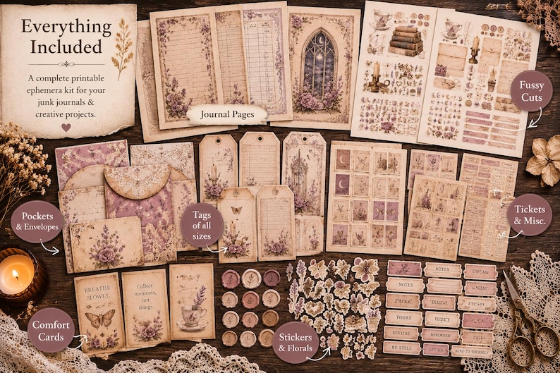 May include: A complete printable ephemera kit for junk journals and creative projects. The kit includes journal pages, tags, pockets, envelopes, comfort cards, stickers, florals, tickets, and misc. items. The kit features a vintage aesthetic with floral and butterfly designs.